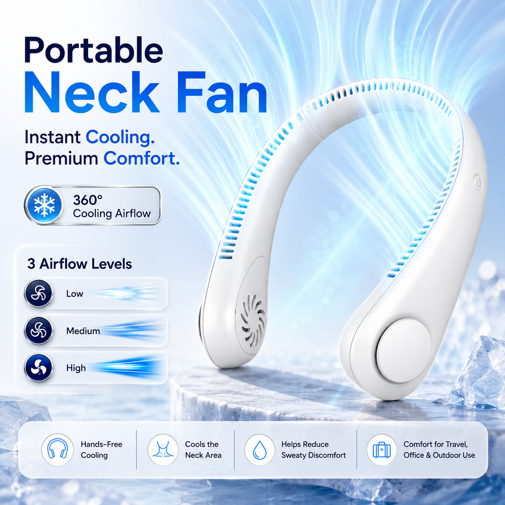 Vaneless Neck Hanging Fan – Portable Bladeless USB Rechargeable Hands-Free Personal Cooling Fan with 3-Speed Airflow