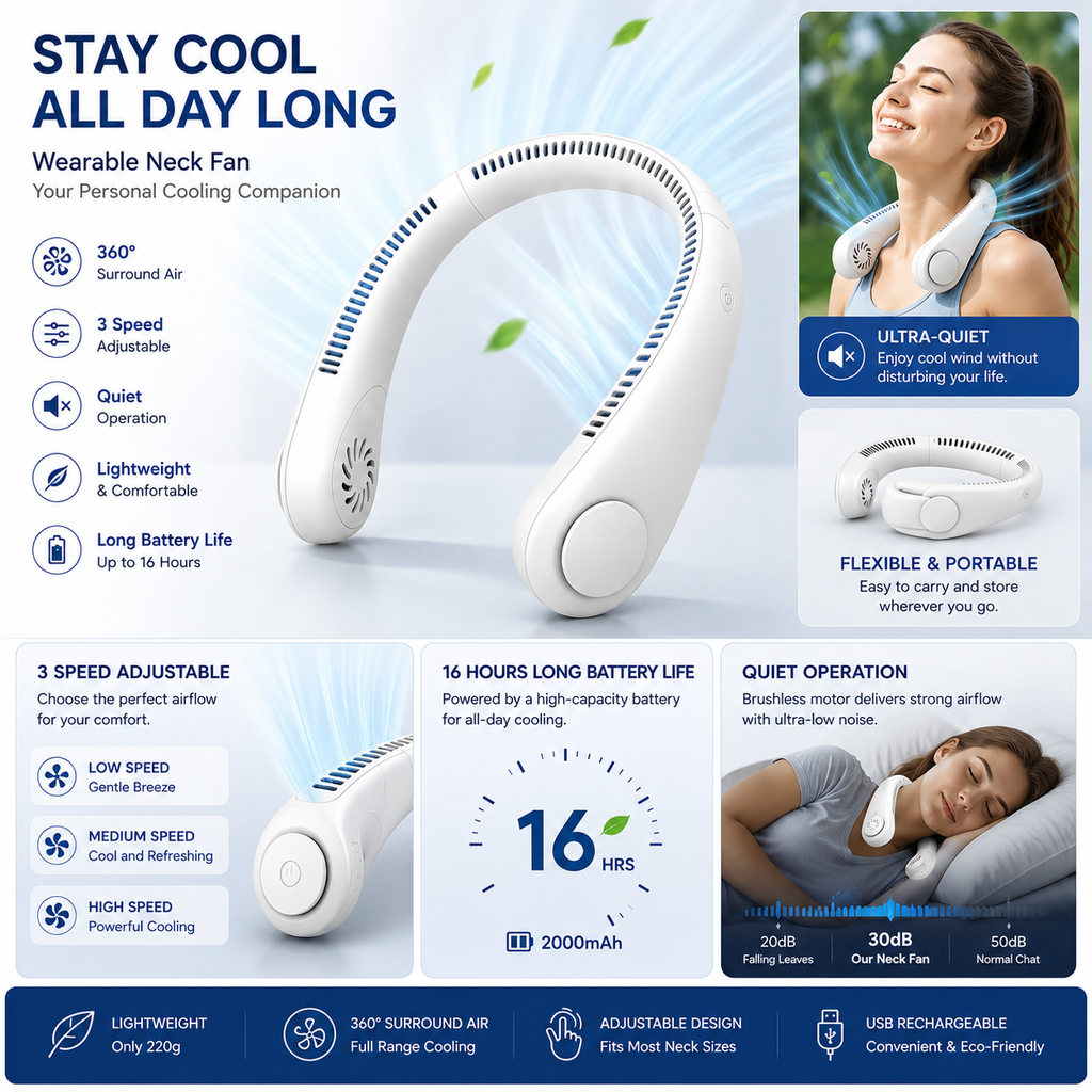 Vaneless Neck Hanging Fan – Portable Bladeless USB Rechargeable Hands-Free Personal Cooling Fan with 3-Speed Airflow